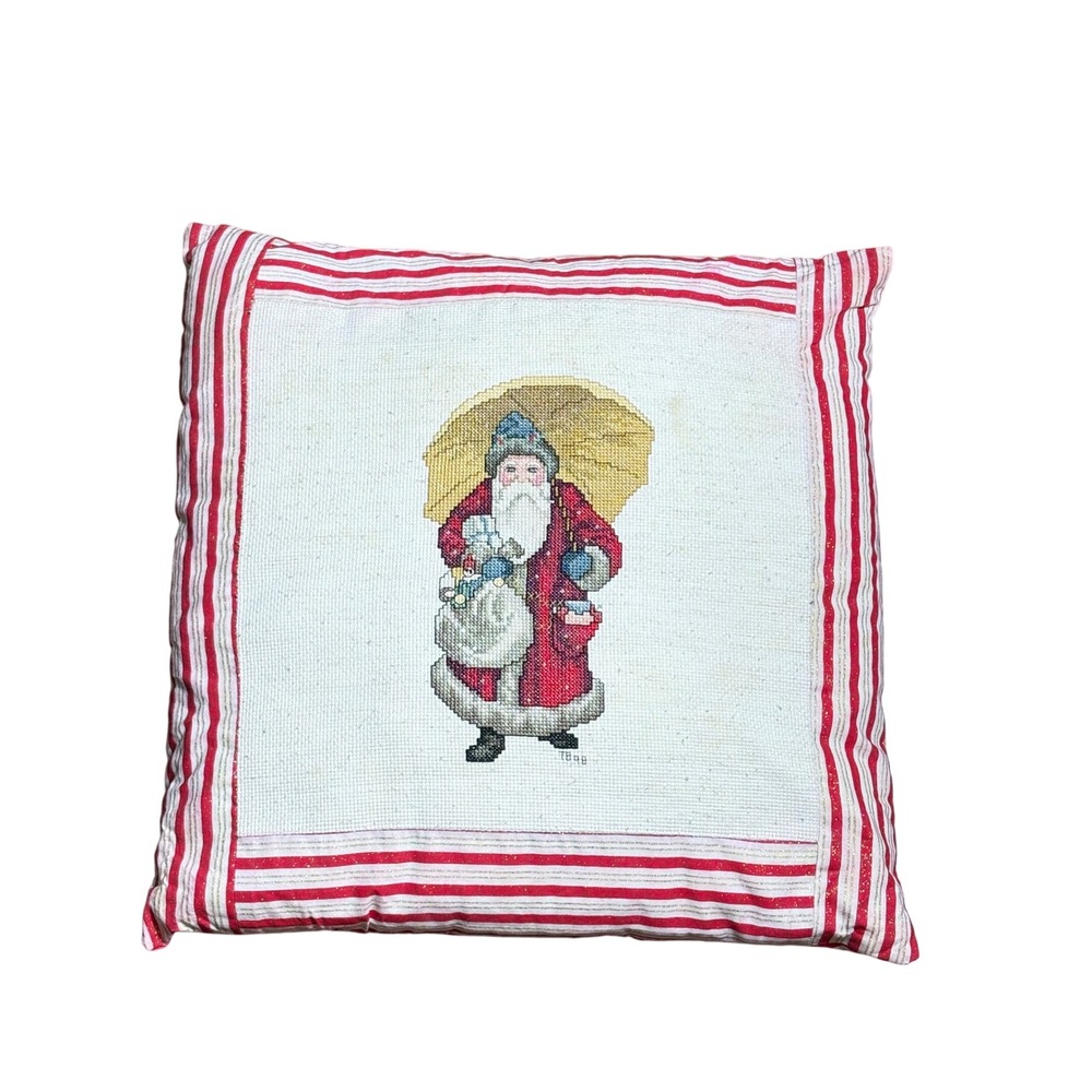 Vintage 1998 Handmade Needlepoint Santa Claus Christmas Throw Pillow Red Striped